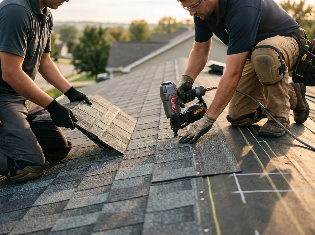 Professional roofer working on a residential roof in Walnut Park